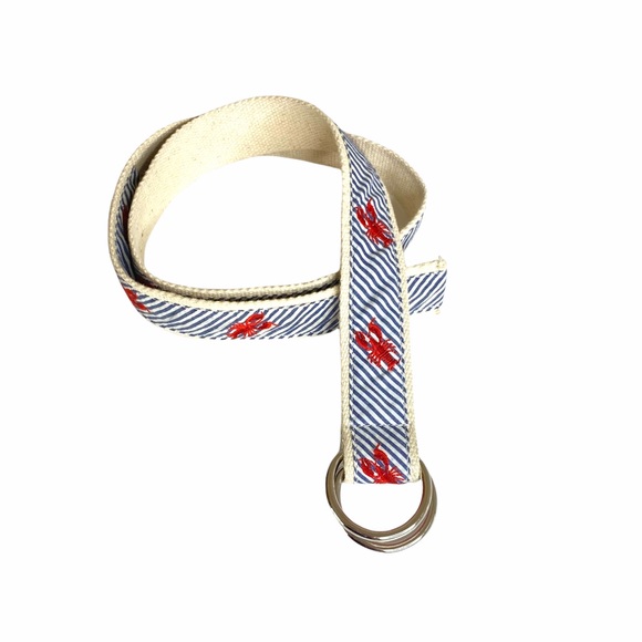 J. Crew navy blue and white stripe seersucker lobster print belt